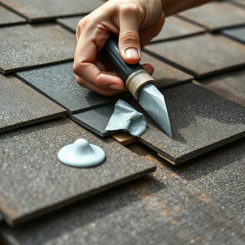 Hands applying grey roof cement to a cracked shingle using a putty knife