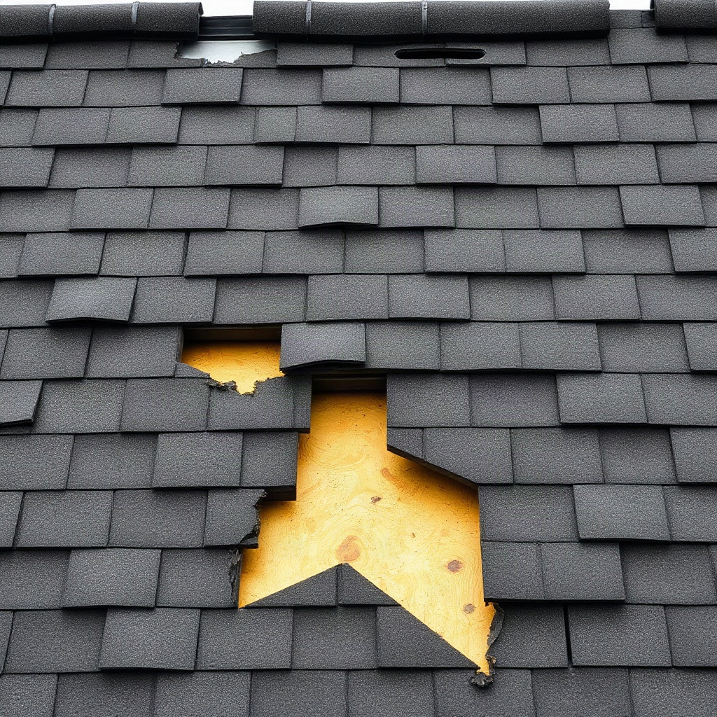 Roof section showing multiple missing shingles exposing the plywood underneath, after storm damage