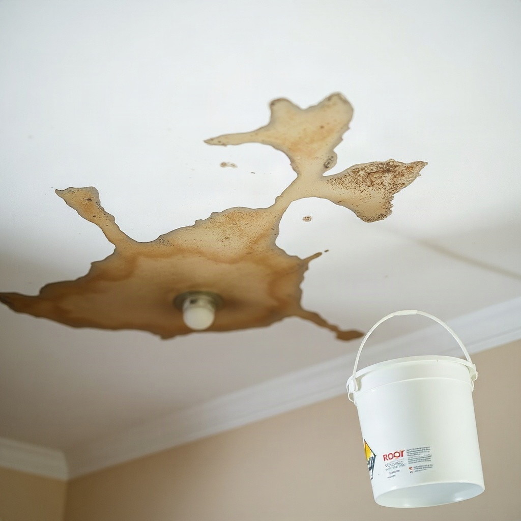 Interior ceiling with water stain and a bucket catching drips, showing damage progression