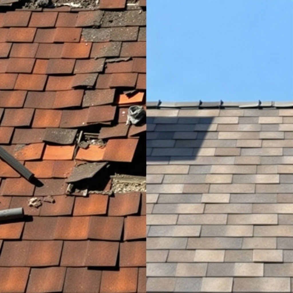 Split screen showing an old roof with missing shingles and visible rot on one side, a newer roof with intact shingles on the other
