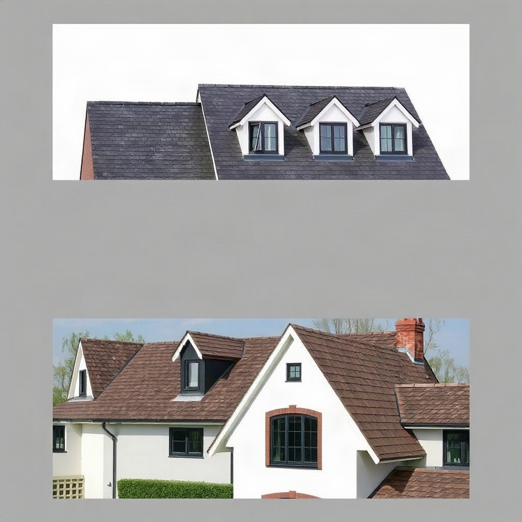 Three different roof profiles showing simple pitch, steep pitch with dormers, and complex multi-level roof